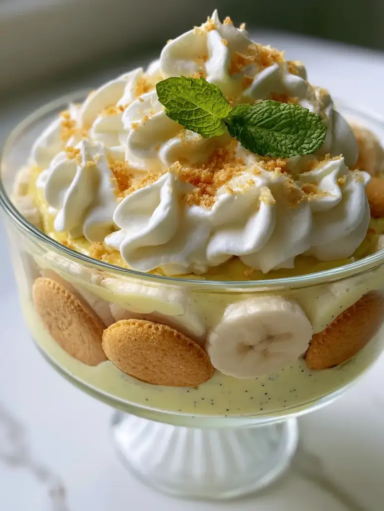Side view of billowy stiff-peak whipped cream on top of Homemade Banana Pudding.