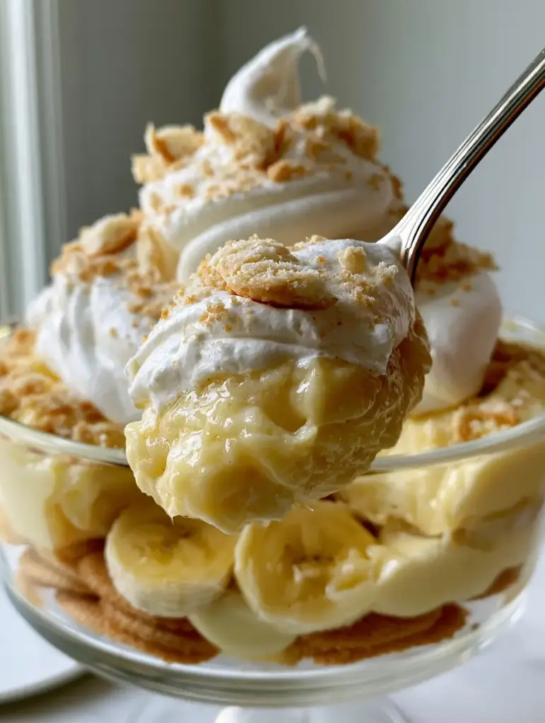 A close up view of the massive whipped cream mountain and crushed wafer crumbs on a homemade banana pudding.