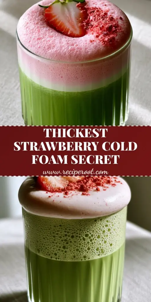 A close-up of Strawberry Cold Foam with microscopic air bubbles and a strawberry slice garnish on a ribbed glass of matcha.
