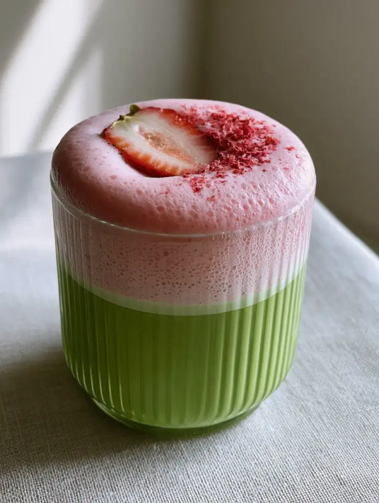Vibrant green iced matcha topped with a dense layer of pastel pink Strawberry Cold Foam in a ribbed glass.