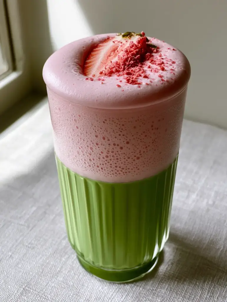 Overhead view of Strawberry Cold Foam featuring a fresh strawberry slice and dehydrated strawberry dust.