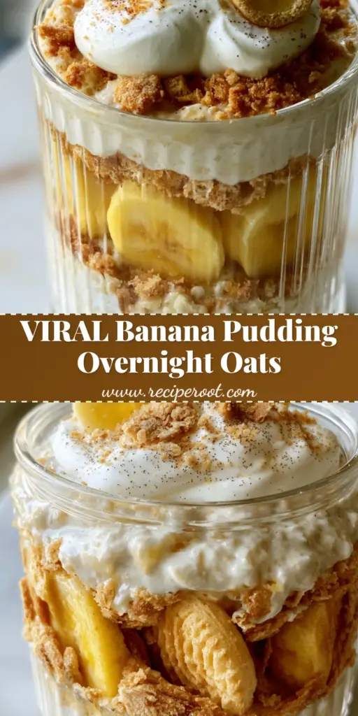 A premium ribbed glass jar filled with layered banana pudding overnight oats, topped with yogurt and banana coins.