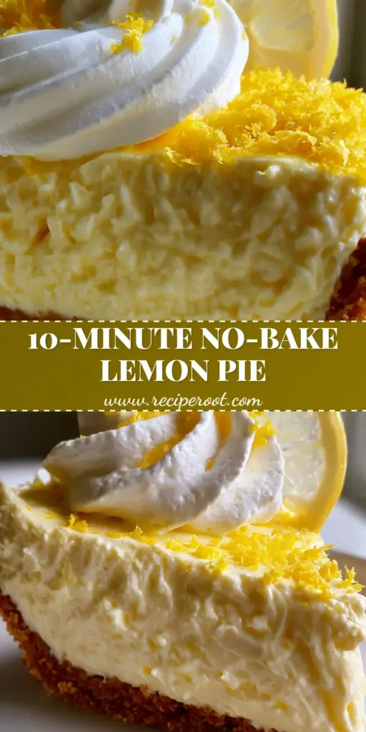 A thick slice of no-bake lemon pie with a golden graham cracker crust and high pillowy whipped cream topping.