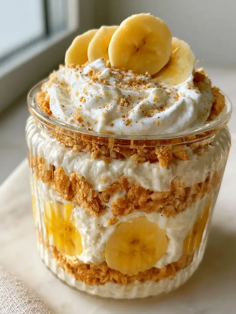 Macro shot showing ripples of vanilla protein pudding and mashed banana in banana pudding overnight oats.