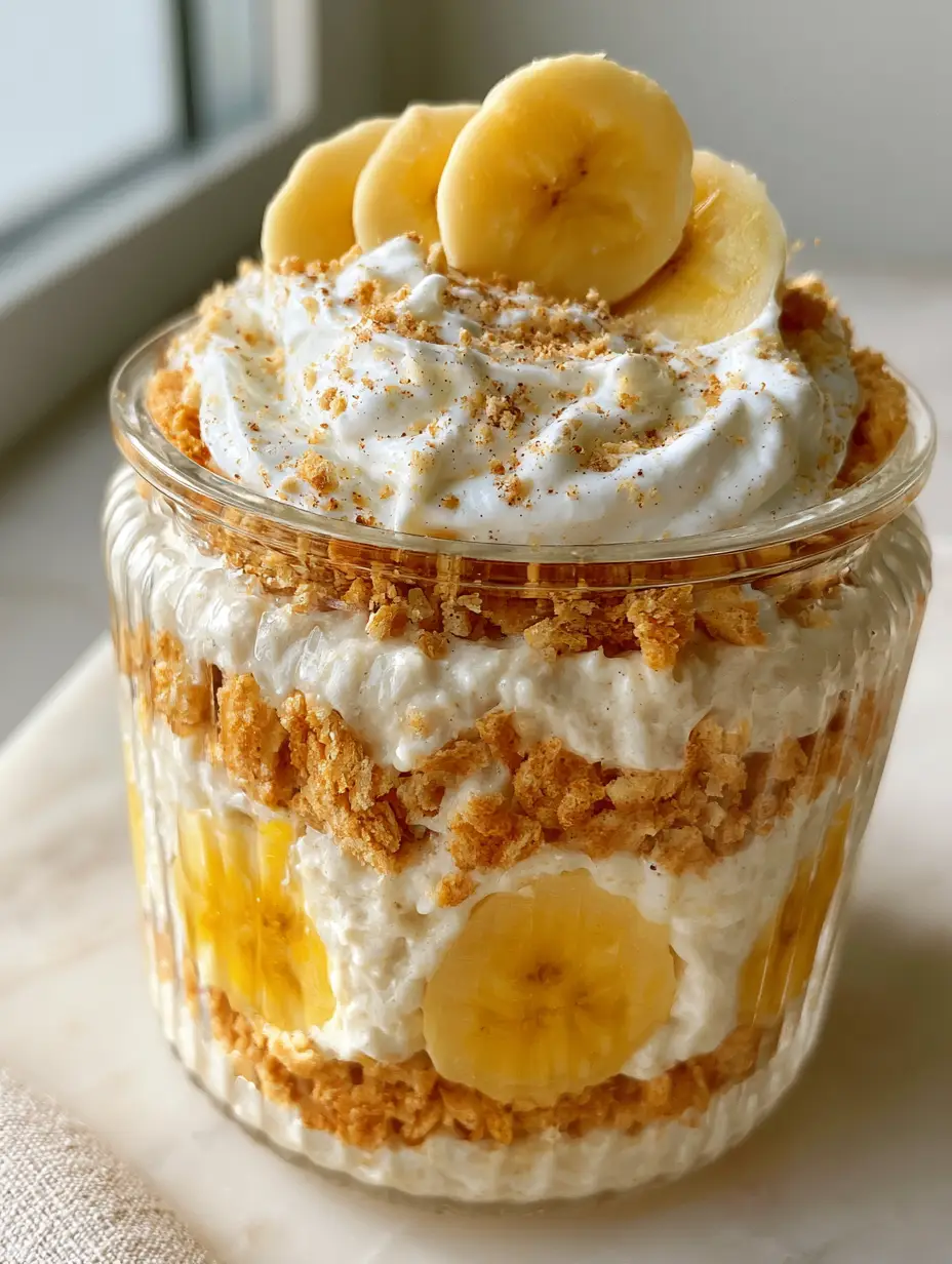 Macro shot showing ripples of vanilla protein pudding and mashed banana in banana pudding overnight oats.