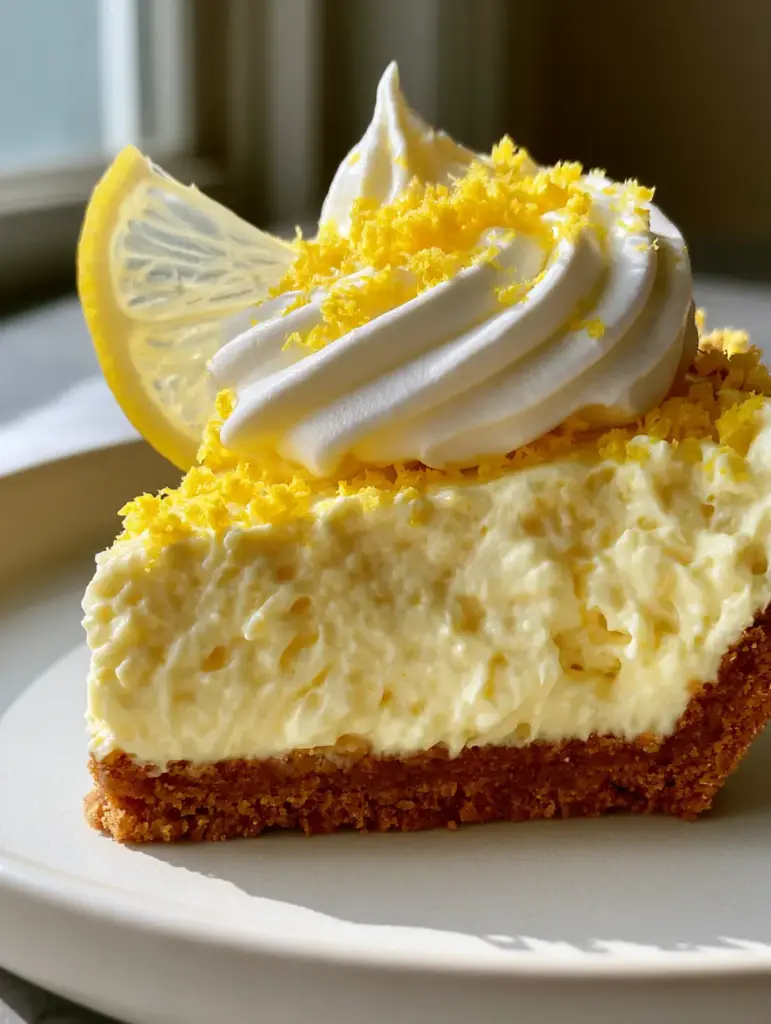 Macro close-up of a no-bake lemon pie slice showing the silky pale yellow filling and golden crumbly crust.