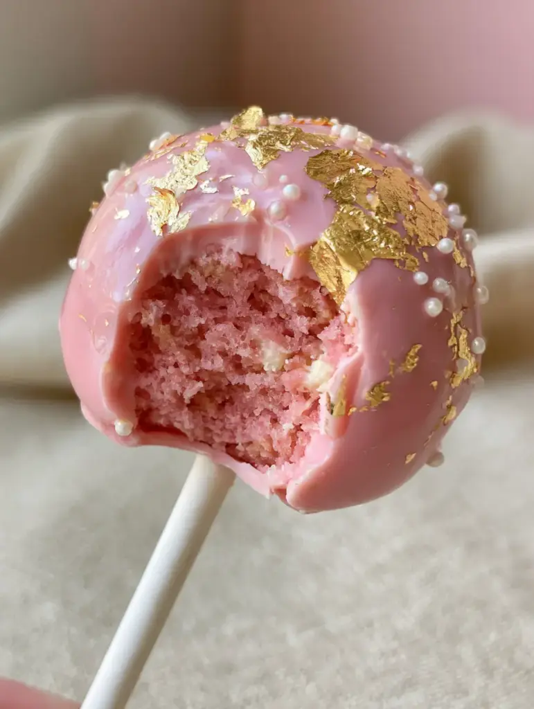 A handheld pink Birthday Cake Pop featuring a thick chocolate shell, gold flakes, and pearl sprinkles.