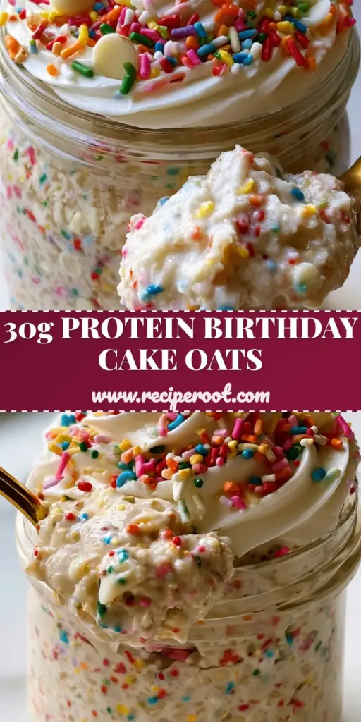 A handheld gold spoon lifting a thick, gooey glob of birthday cake overnight oats with sprinkles from a glass jar.