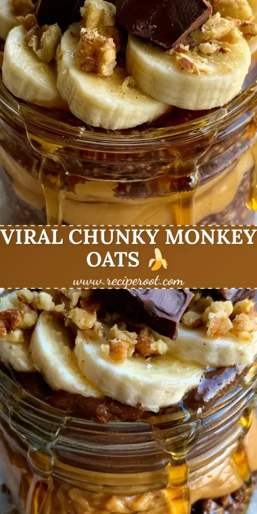 A vertical shot of a layered mason jar featuring Chunky Monkey Overnight Oats with glistening maple syrup and dark chocolate chunks.