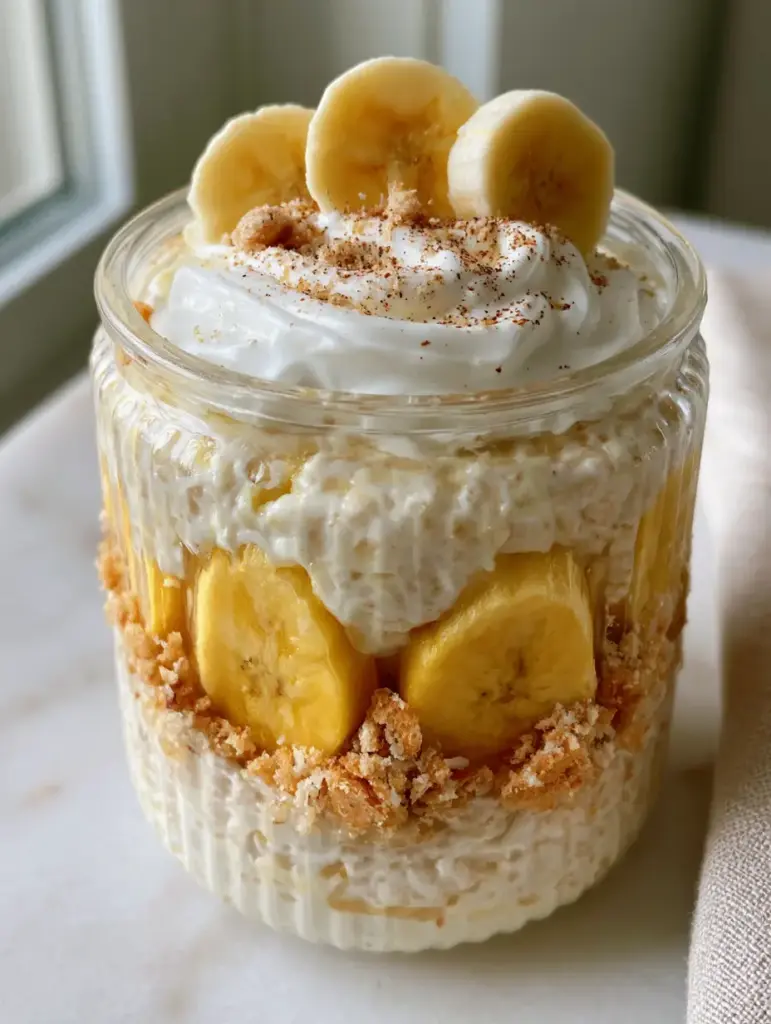 Side view of banana pudding overnight oats in a ribbed jar with banana slices tucked against the glass.