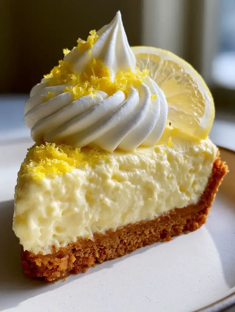 Detailed view of the stiff-peak whipped cream and neon-yellow zest flakes on a no-bake lemon pie.