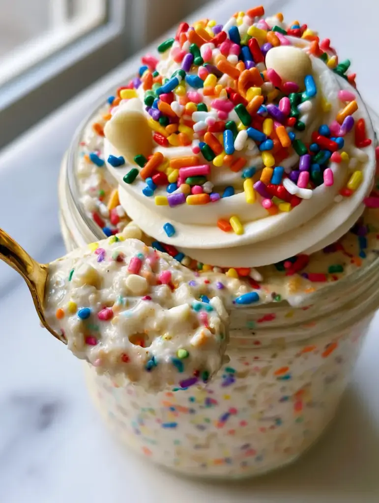 A wide-mouth glass jar filled with birthday cake overnight oats topped with a thick swirl of vanilla protein frosting and rainbow sprinkles.