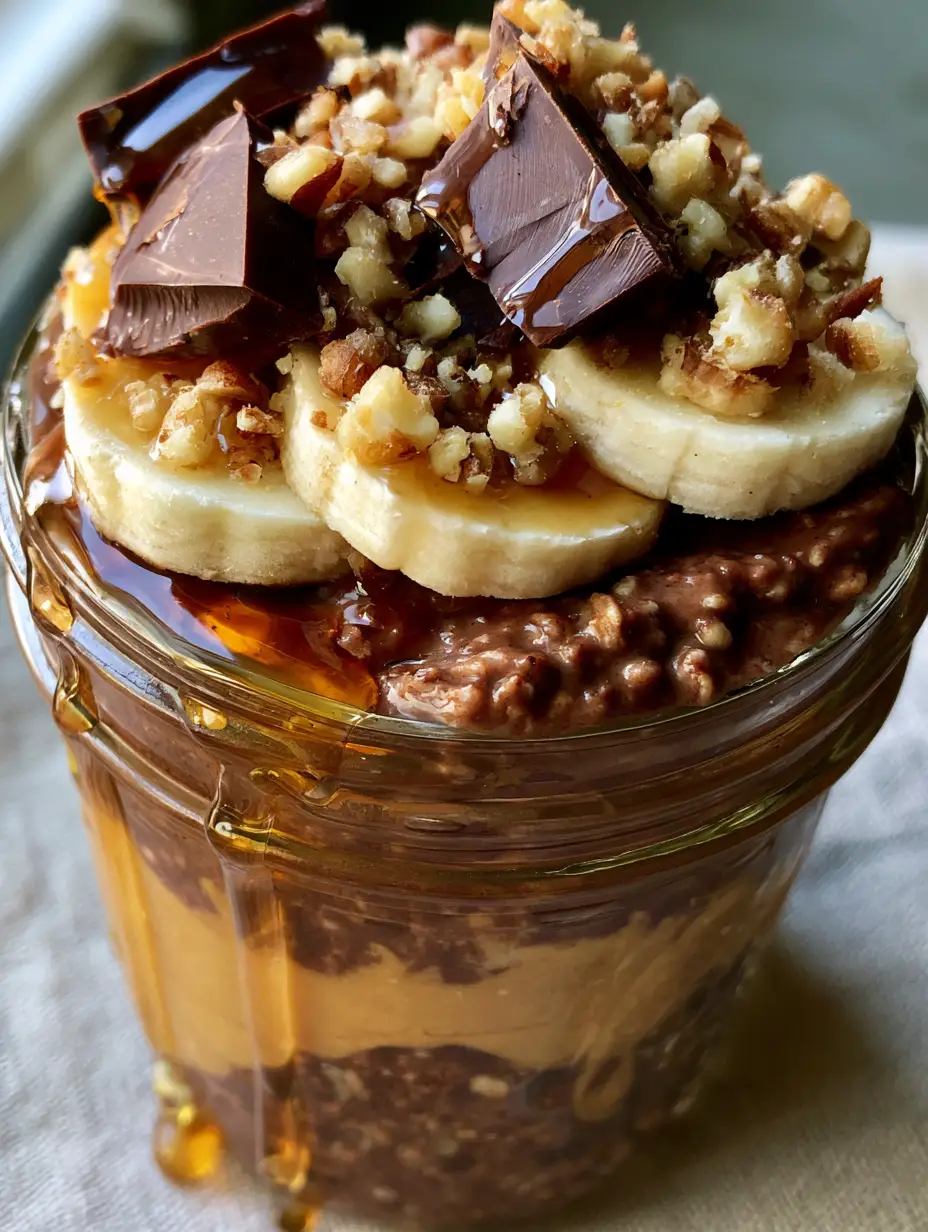Close-up of thick, cocoa-infused Chunky Monkey Overnight Oats in a glass jar under soft morning light.