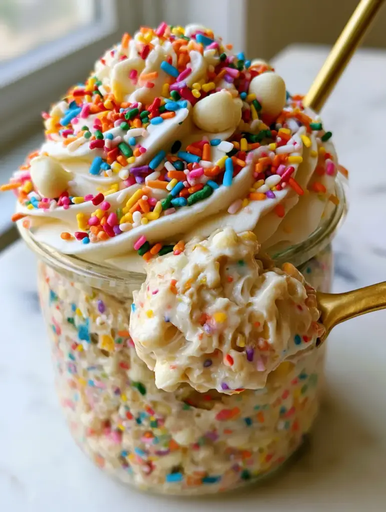 Close up of rainbow cylinder sprinkles and white chocolate chips embedded in creamy overnight oats.