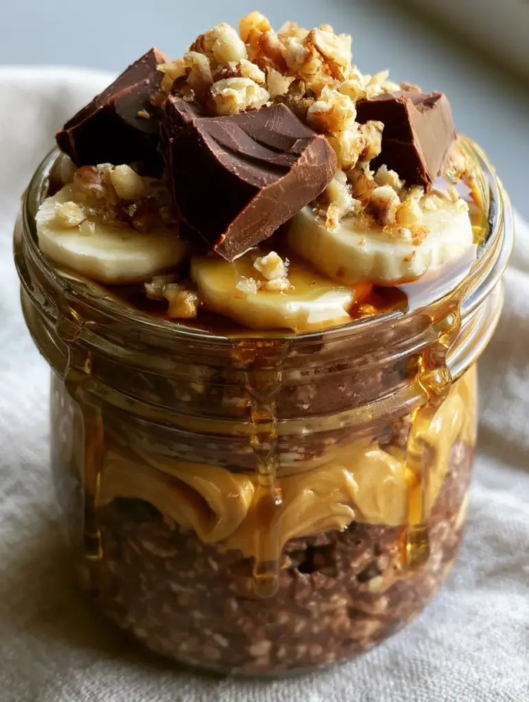 A side view showing the peanut butter swirl and dark chocolate chunks on top of Chunky Monkey Overnight Oats.