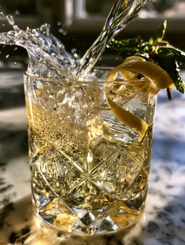 Sparkling cocktail with expressed lemon peel and fresh mint in a frosted glass.