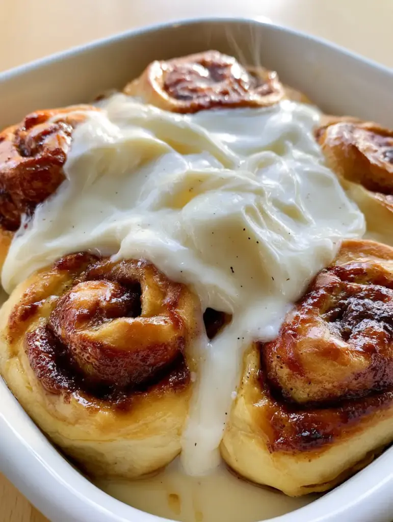Close-up of thick cream cheese frosting with visible vanilla bean specks cascading over golden brown cinnamon rolls.