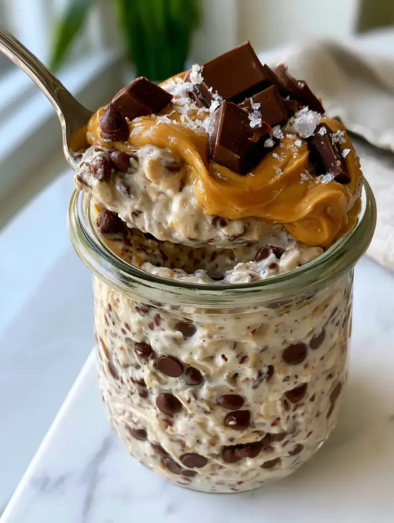 Wide mouth glass jar filled with creamy Chocolate Chip Cookie Dough Overnight Oats on a marble surface in morning light.
