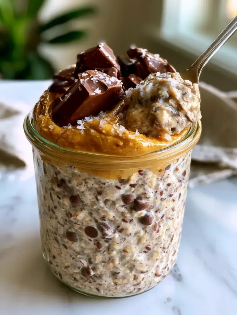 Overhead view of Chocolate Chip Cookie Dough Overnight Oats showing the golden almond butter swirl and dark chocolate chunks.