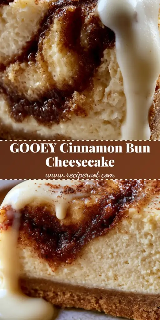 A large, indulgent slice of Cinnamon Bun Cheesecake featuring a thick snickerdoodle crust, dark amber swirls, and a white glaze drip on a ceramic plate.