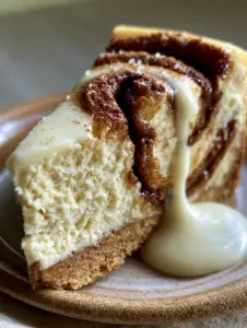 Macro shot of Cinnamon Bun Cheesecake showing the dense creamy ivory texture and deep amber cinnamon sugar swirls.