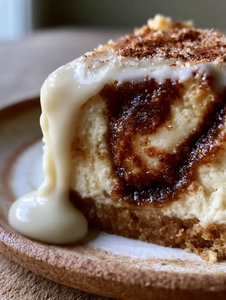 Extreme close-up of a Cinnamon Bun Cheesecake slice with thick white cream cheese glaze mid-drip over a golden snickerdoodle crust.