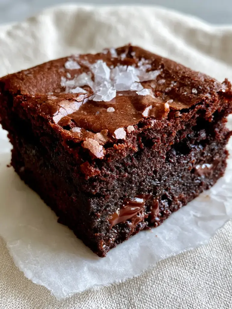 A side view of the brown butter espresso brownies highlighting the dense, ultra-moist dark chocolate fudge center.