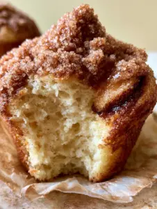 Close-up of a moist, airy muffin interior with visible cinnamon swirls. (cinnamon muffins)