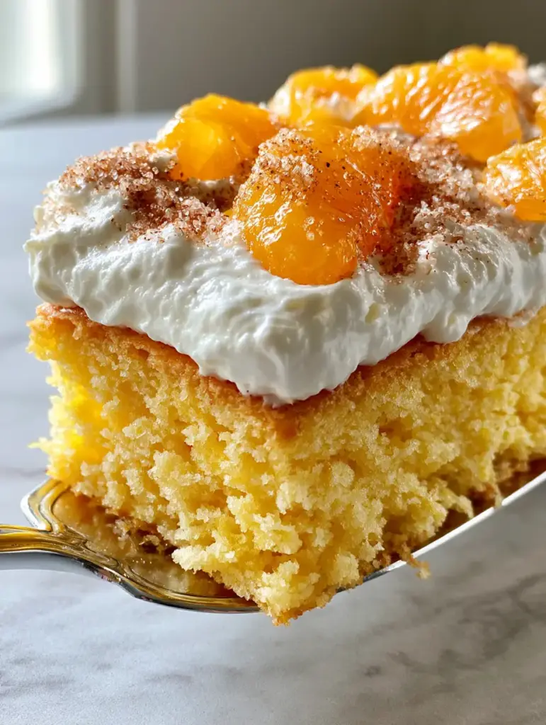 Side view of a thick slice of Fantakuchen on a marble background with glossy mandarins and shimmering cinnamon sugar.
