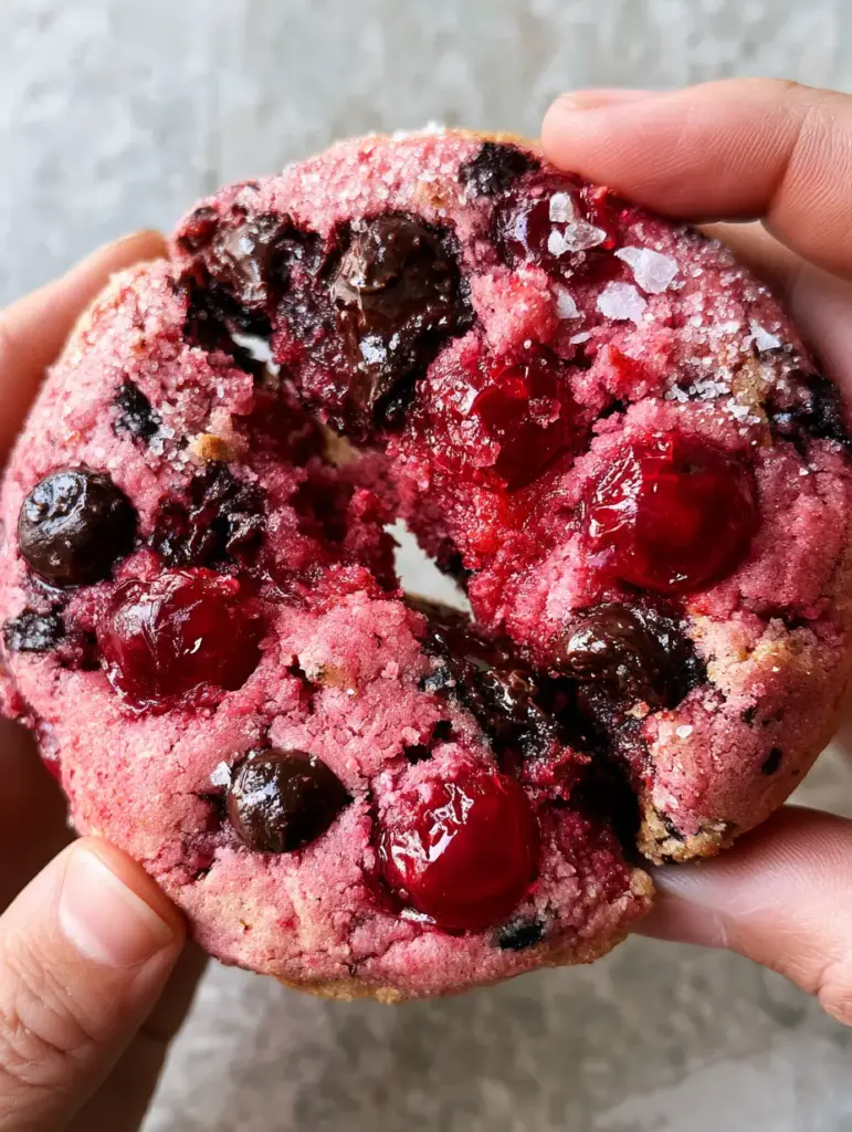 Close-up handheld photo of a thick, soft, vibrant pink maraschino cherry cookie being pulled apart to reveal a fudgy interior.