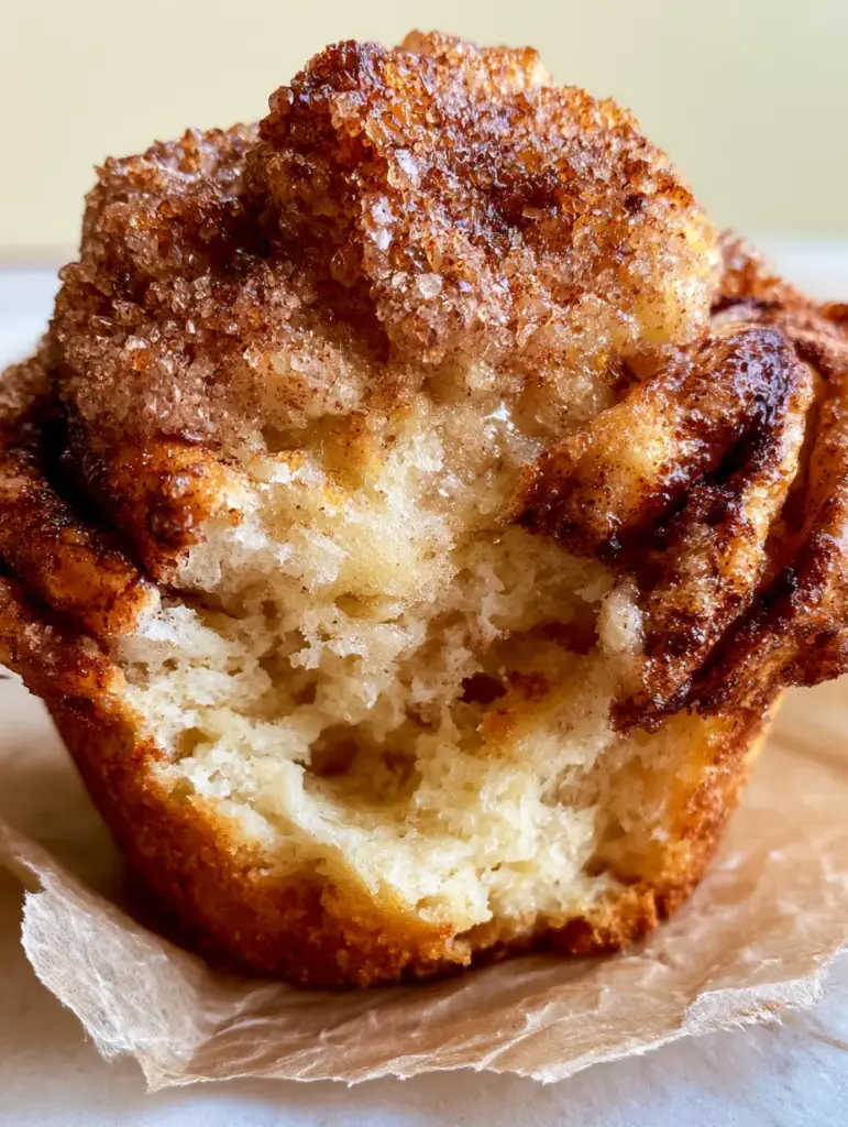 Extreme close-up of the jagged, mountain-like cinnamon sugar crust on a muffin.