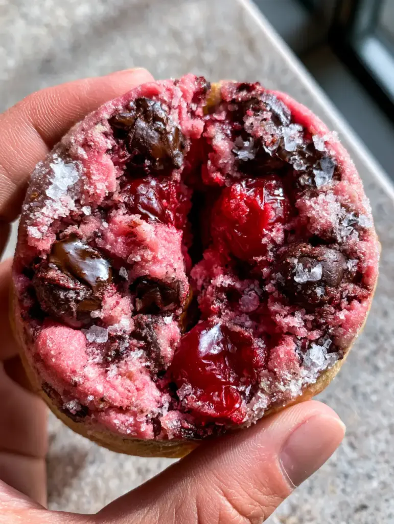 Detailed view of Maraschino Cherry Chocolate Chip Cookies showing glistening red cherries and pools of dark chocolate.