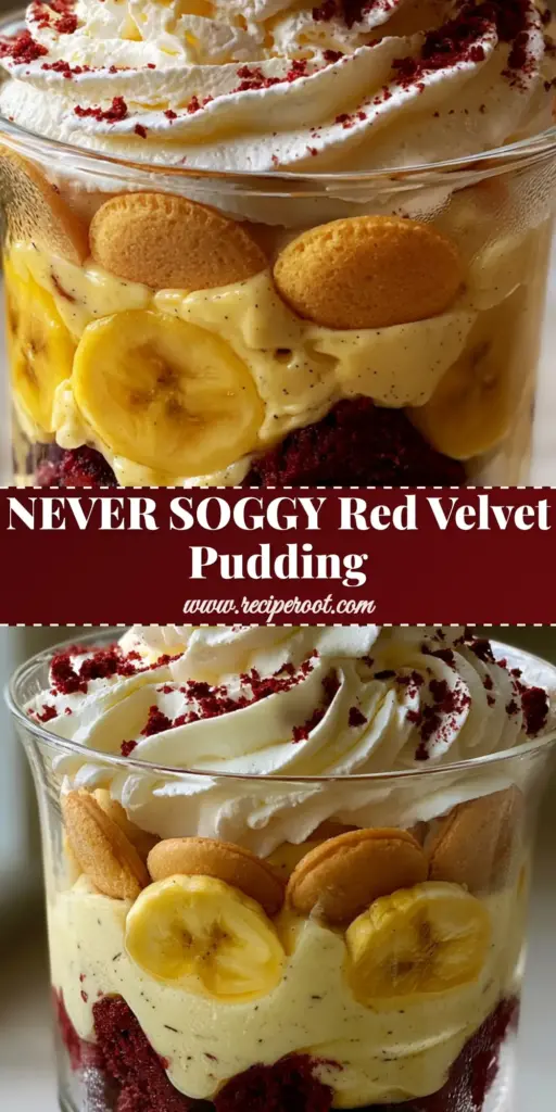 A tall glass trifle jar with layers of dark red velvet cake, pale yellow banana pudding, and golden wafers, topped with high-peaked whipped cream. (Red Velvet Banana Pudding)