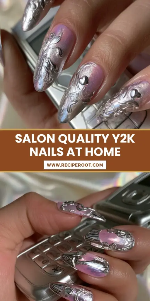 A handheld smartphone photo of long almond-shaped Y2K press on nails with pink aura centers and 3D silver chrome swirls, held against a vintage flip phone.