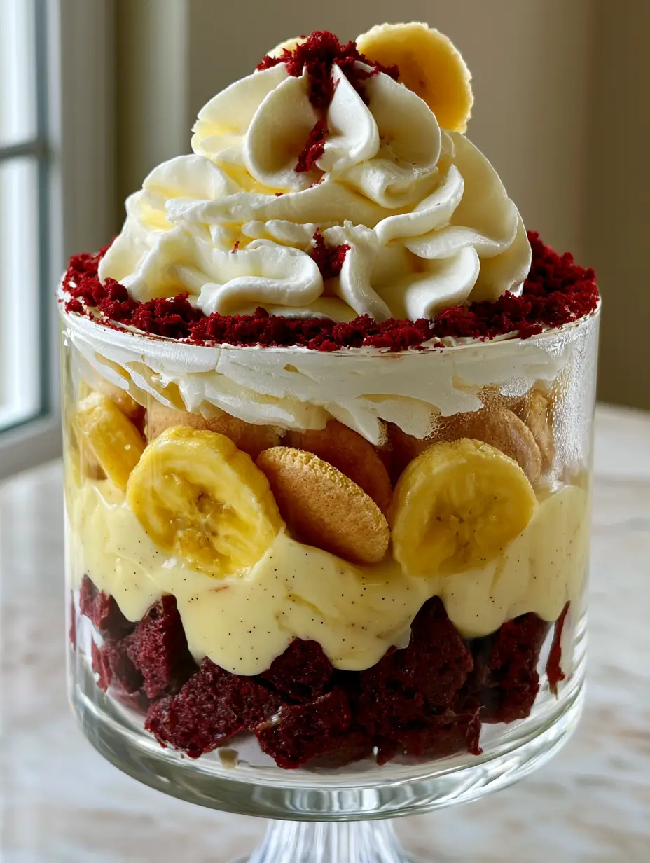 Side view of Red Velvet Banana Pudding showing sharp, distinct layers of red cake and yellow custard. (Red Velvet Banana Pudding)
