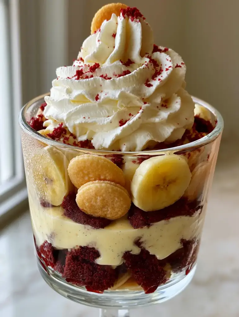 A close-up of the stiff cream cheese whipped cream peaks topped with red velvet crumbs. (Red Velvet Banana Pudding)