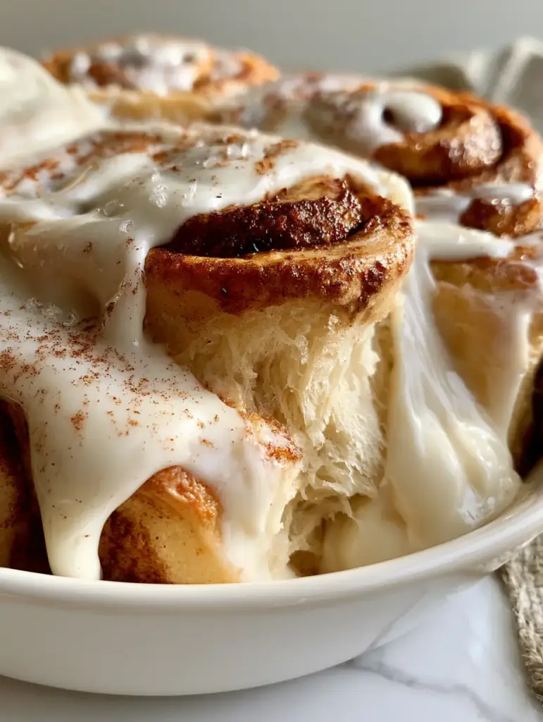 A white ceramic dish filled with golden brown bread machine cinnamon rolls dripping with white icing. (Bread machine cinnamon rolls)