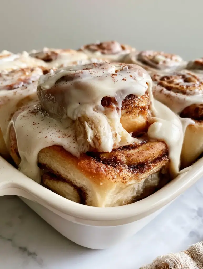 One jumbo cinnamon roll being pulled upward, revealing soft, steaming, gooey dough fibers of the interior. (Bread machine cinnamon rolls)