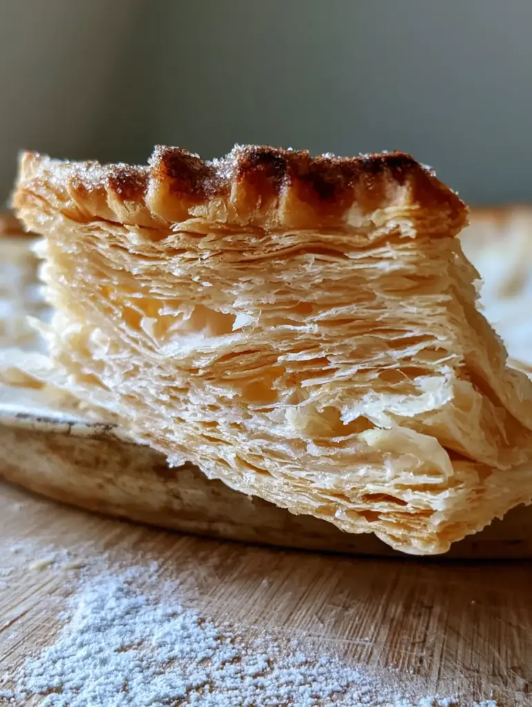 Macro photo of a pie slice profile revealing air pockets and unmelted butter pearls in golden-brown pastry. (Grandma's best pie recipes)