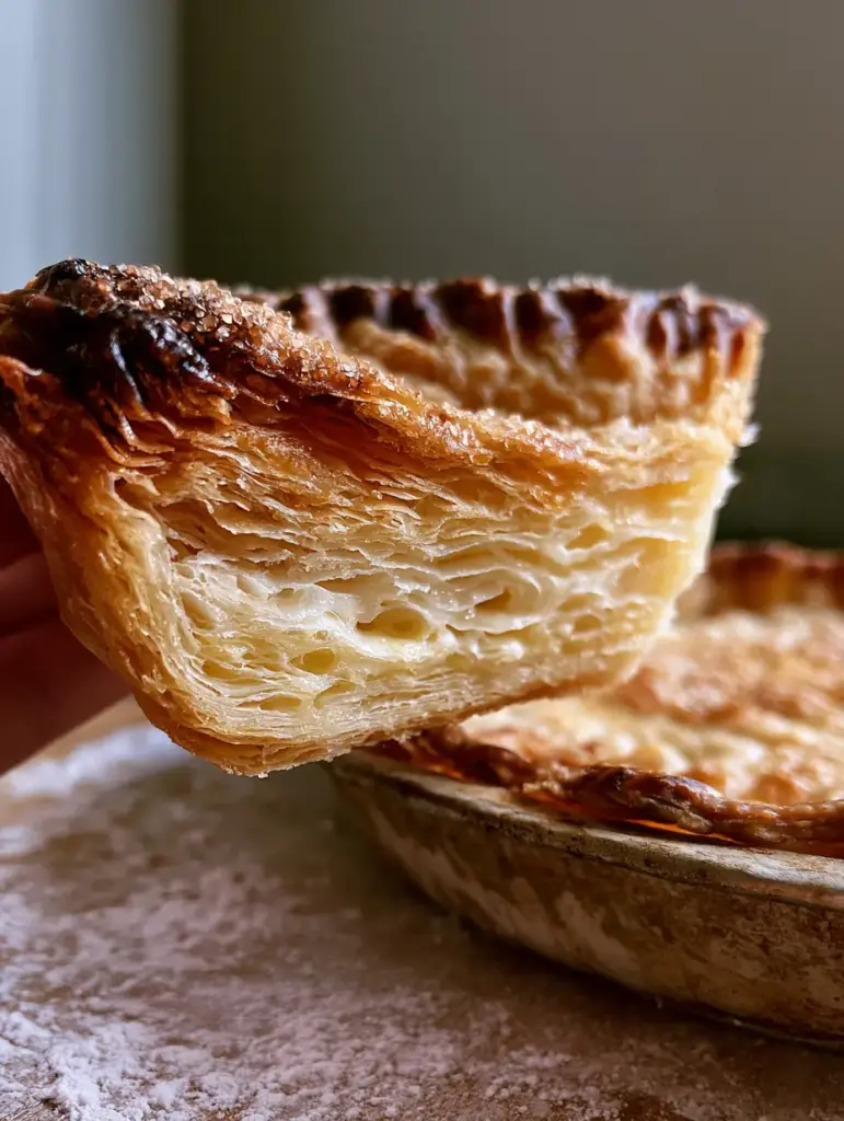 Rustic pie crust in a vintage tin pan with toasted dark golden ridges and coarse sparkling sugar.