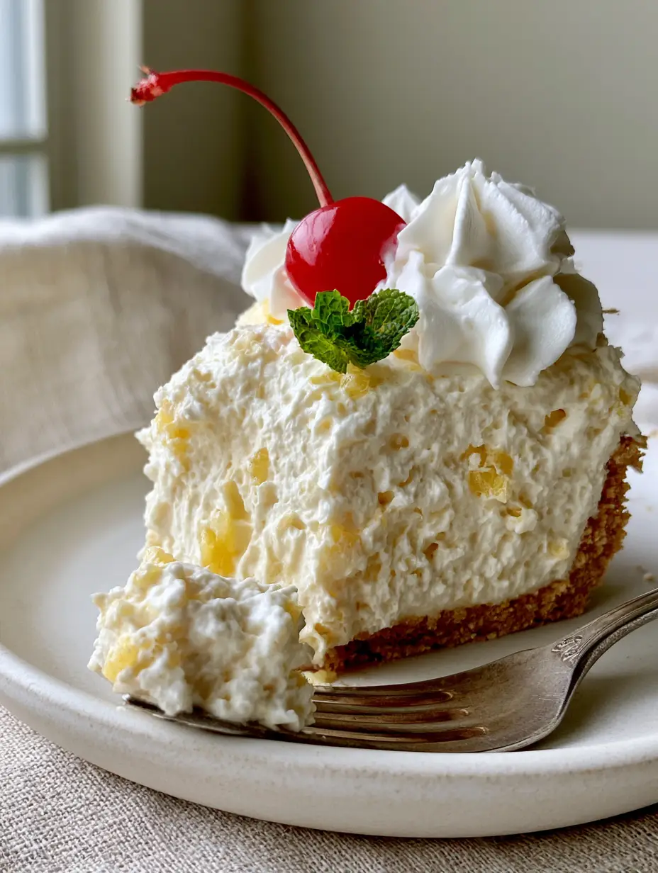 Extreme close-up of stupid pie showing the airy mousse and juicy pineapple chunks.