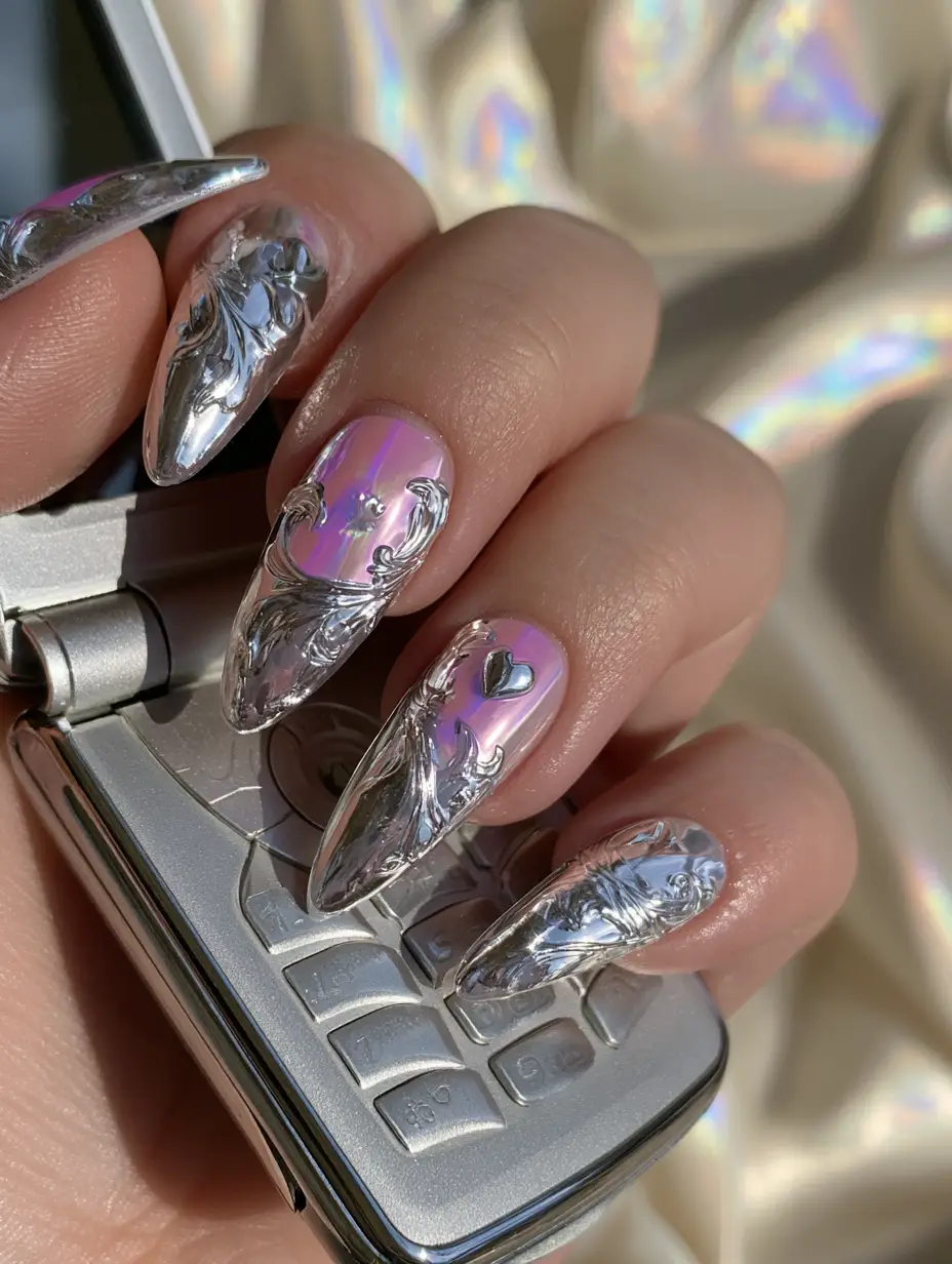 Macro view of Y2K press on nails featuring high-gloss 3D silver liquid metal textures and pink-purple gradients. (Y2K press on nails)