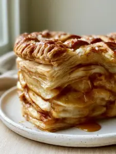 Side profile of a massive apple pie slice on a white plate showing thick cinnamon-amber glaze. (pie recipes)