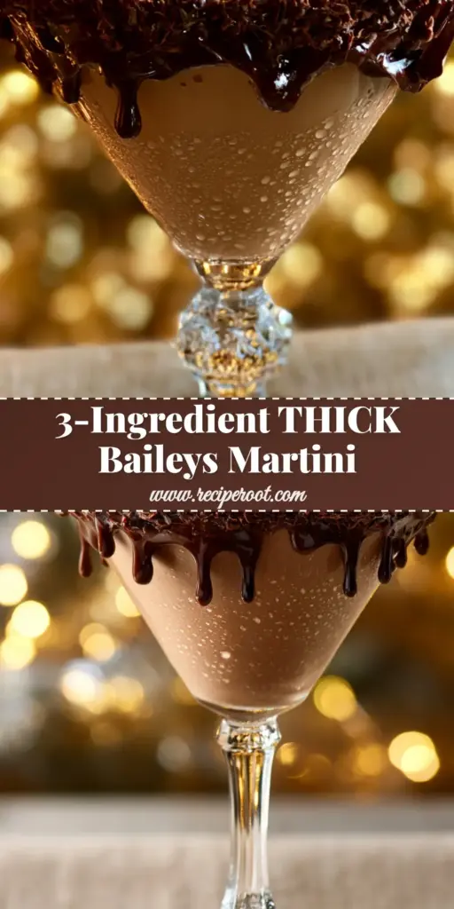 A close-up of a Baileys Chocolate Martini with a dripping ganache rim and chocolate shavings in a chilled crystal glass.