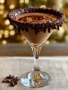 Macro photography showing the silky surface tension and chocolate swirl of a Baileys Chocolate Martini.