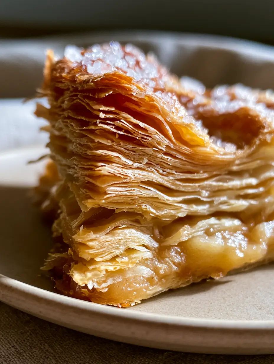 Extreme close-up side profile of a massive stack of flaky pastry layers on a ceramic plate. (Classic pie recipes)