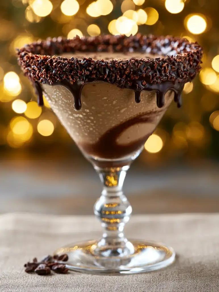 Detailed view of the dripping dark chocolate ganache rim and condensation droplets on the crystal glass.