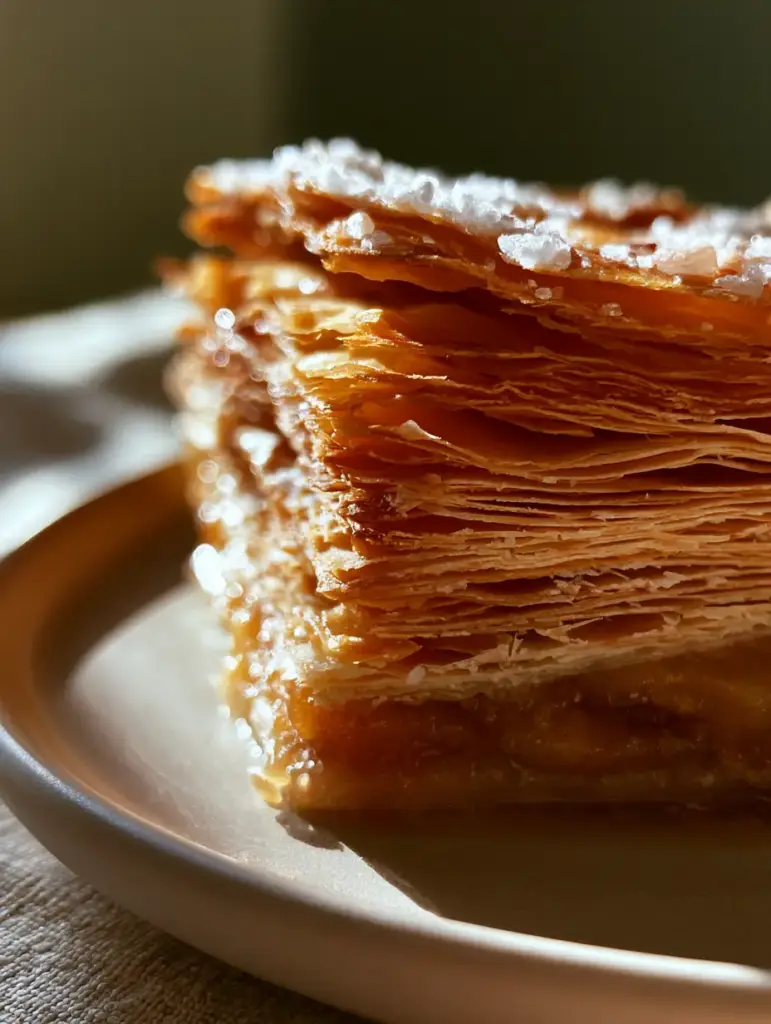 A glistening cinnamon apple filling visible through thick, shattered pastry layers with coarse salt flakes.