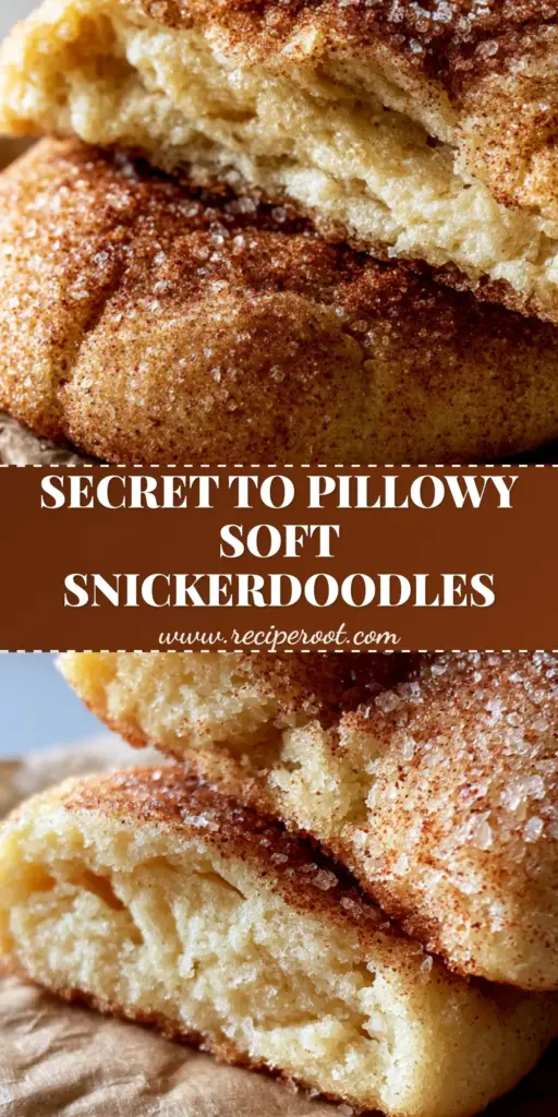 Snickerdoodles Recipe: The Ultimate Thick and Pillowy Cookie 3 A close-up of a thick Snickerdoodle cookie broken in half, showing a moist under-baked center and a sparkling cinnamon-sugar crust on wrinkled parchment paper.