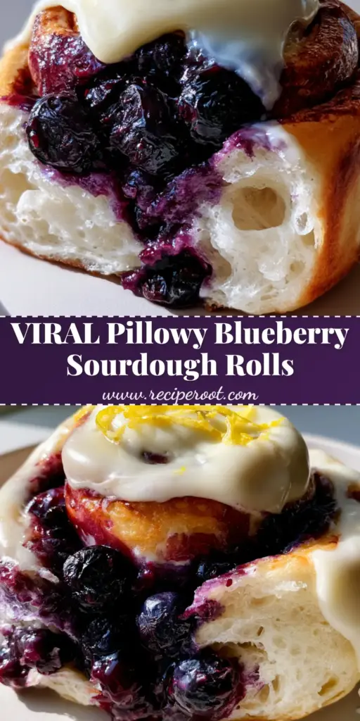 Blueberry sourdough sweet rolls with Zesty Lemon Cream Cheese Glaze 4 A close-up shot of golden-brown Blueberry sourdough sweet rolls dripping with white cream cheese glaze and topped with lemon zest.